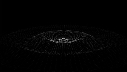Abstract music sound wave with dots and lines. Dark cyberspace with moving particles. Vector futuristic black circle wave with digital database. Big data analytics.