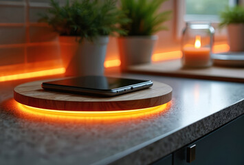 Obraz premium Wooden charging pad with smartphone rests on kitchen counter. Ambient orange LED lighting creates warm, inviting glow, modern design. Tech accessory blends seamlessly with contemporary home decor,