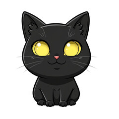 Obraz premium Cute cartoon black cat with big yellow eyes, isolated on transparent background