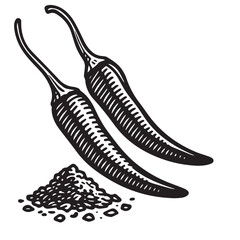 Gochugaru Chilies and Flakes Illustration linocut woodcut engraving black and white vegetable illustration