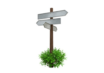 Isolated wooden signpost with three blank pointers surrounded by greenery, destination marker
