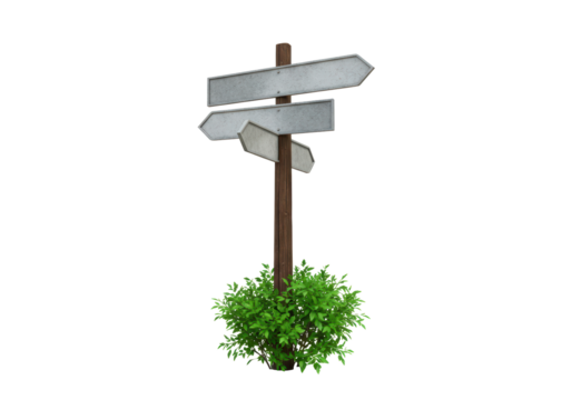 Isolated wooden signpost with three blank pointers surrounded by greenery, destination marker