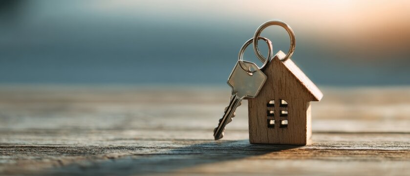 The wooden house keychain and keys on a sunlit rustic wooden table