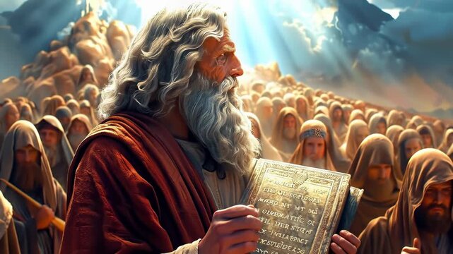 Moses commandment vision: mount sinai scene shows divine law, stone tablet gift, sacred covenant, biblical truth, spiritual foundation, faithful life, holy decree, religious symbol, eternal guide,