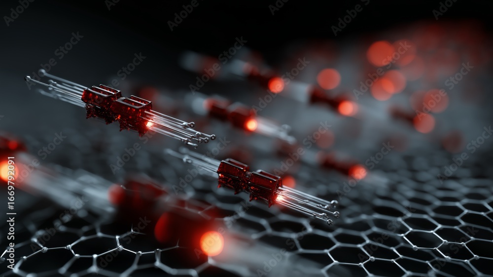 Poster red and silver structures glow against a dark hexagonal backdrop, highlighting modern design.