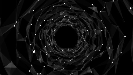 Abstract sci-fi black tunnel. Wormhole absorbs cyberspace. 3D portal. Vector futuristic fantasy high-tech funnel.