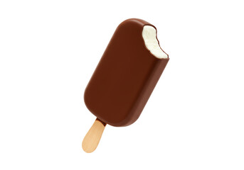 Isolated chocolate covered ice cream dessert on a stick, with a bite taken, delicious snack