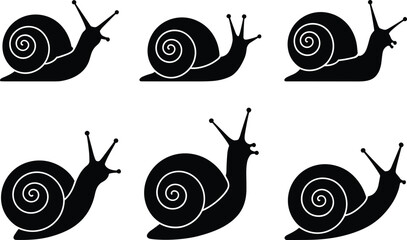 Snail silhouette set, spiral shell, black icon, stylized snail, animal illustration, isolated graphic, nature symbol, gastropod, vector design © Love's World