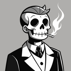 Black-and-white drawing of a funny cartoon business scientist guy with a mustache on his face