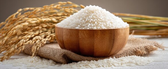 [The Bowl of White Rice Surrounded by Rice Stalks on Rustic Burlap Cloth]