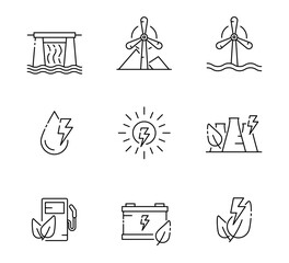 Set of Renewable energy icon, Green energy or Green electricity, Dams, wind turbines, nuclear power Symbol Outline icon, Editable Stroke