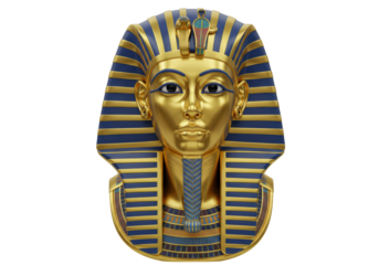 Isolated Pharaoh's mask from ancient Egypt, a golden bust of King Tutankhamun statue