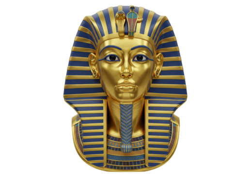 Isolated Pharaoh's mask from ancient Egypt, a golden bust of King Tutankhamun statue