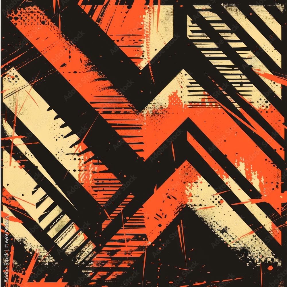 Poster the design features bold zigzag lines and arrows in a dynamic composition