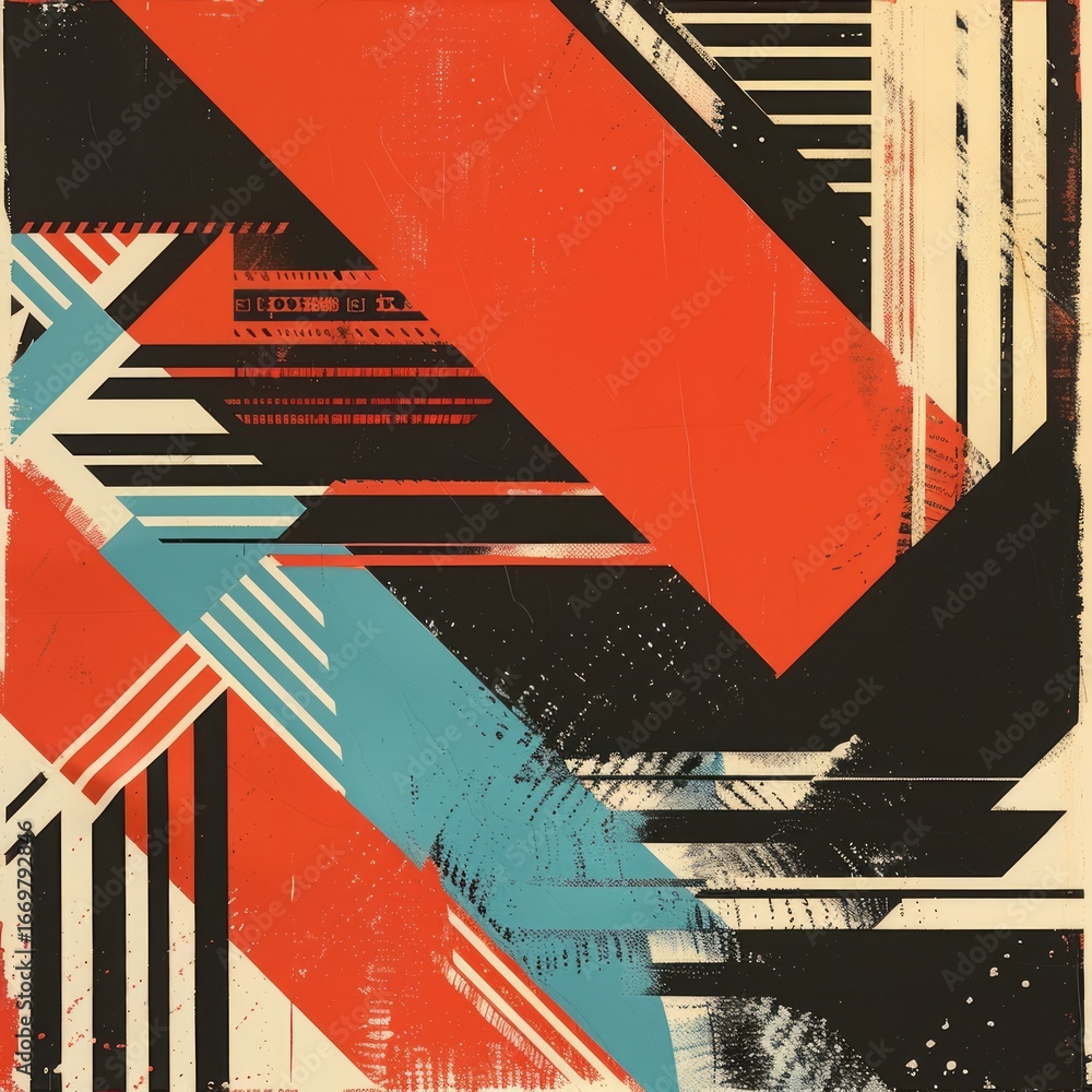 Poster the design features bold zigzag lines and arrows in a dynamic composition