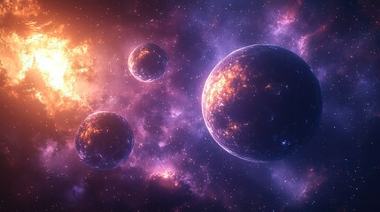 Stunning Cosmic Scene with Three Planets and Nebula in Space 