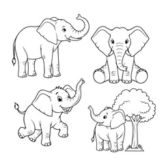 Cute Cartoon Elephant Family Set: Four Playful Elephants Drawing for Kids   © Sketch