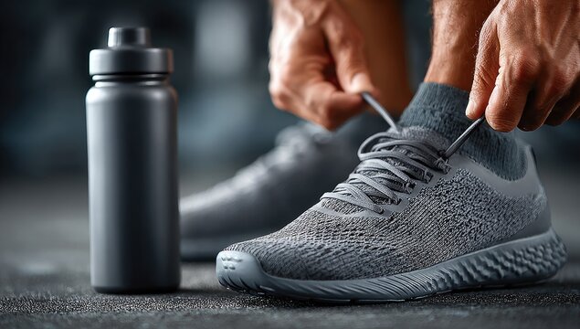 Close-up of man tying shoelaces on gray running shoes next to water bottle