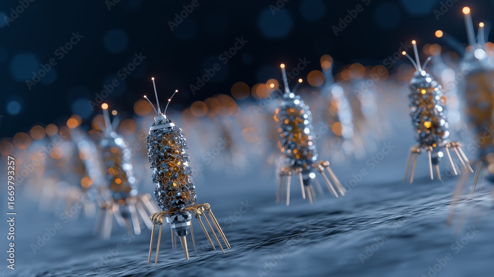 Poster robotic devices emit a soft glow, creating a captivating atmosphere in a nighttime setting.