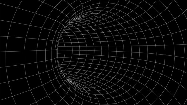 Abstract wireframe black tunnel. Vector wormhole. 3D portal. Futuristic fantasy funnel.