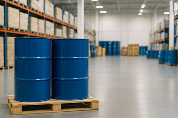 Hazardous material shipping barrels stored in warehouse on pallet industrial safety concept