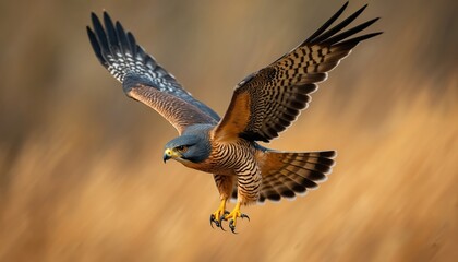 Fototapeta premium Peregrine falcon in flight against blurred background. Features detailed wings with feathers, sharp talons extended, intense gaze. Captures predatory focus, speed, natural power of bird of prey.