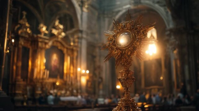 Ornate Golden Monstrance Displayed in Grand Catholic Church Interior Setting