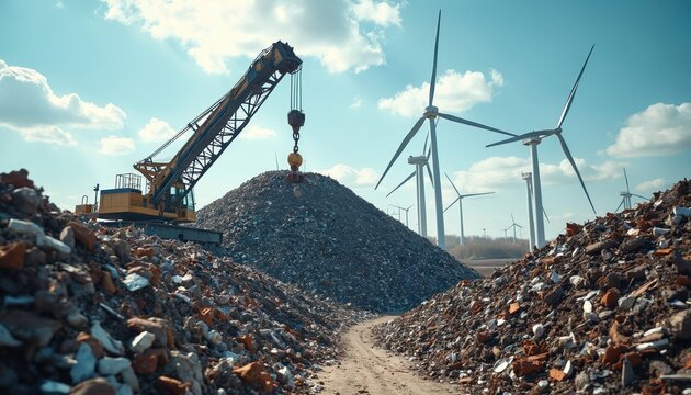 Massive pile of recycled metal processed by crane at wind farm. Sustainable energy, resourcefulness under bright, breezy sky. Represents modern industrial recycling operations, clean energy sector.