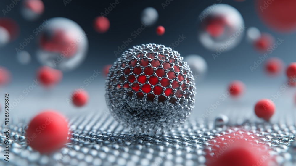Poster molecules interact in a dynamic formation of red and silver spheres, showcasing intricate patterns.