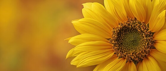 Naklejka premium The Sunflower Close up with Golden Petals and Detailed Seedhead in Soft Bokeh Background