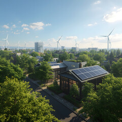 City bridge over river with surrounding buildings and park view