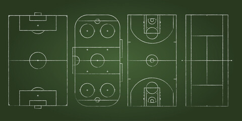 Set of 4 sport fields top view including football, tennis, hockey and basketball. Realistic stadium layouts with markings. Collection for match, coaching, strategy or training graphics.