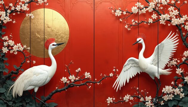 Chinoiserie folding screen features elegant white cranes, delicate cherry blossoms against vibrant red backdrop with golden sun motif. Artwork blends Japanese, Chinese cultural aesthetics, perfect