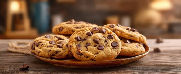 [The Chocolate Chip Cookies on a Rustic Wooden Plate in a Warm Kitchen Setting]