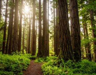Obraz premium Sunlight streams through giant redwood trees