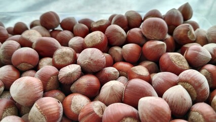 hazelnuts on a wooden table