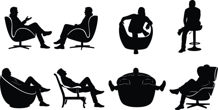 Man silhouette sitting on chair, relaxing pose illustration, modern furniture design, office lounge figure, casual seating vector, business people icon