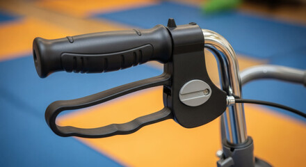 Close-up view of the black rubber grip and brake lever on a walker's metallic handle.