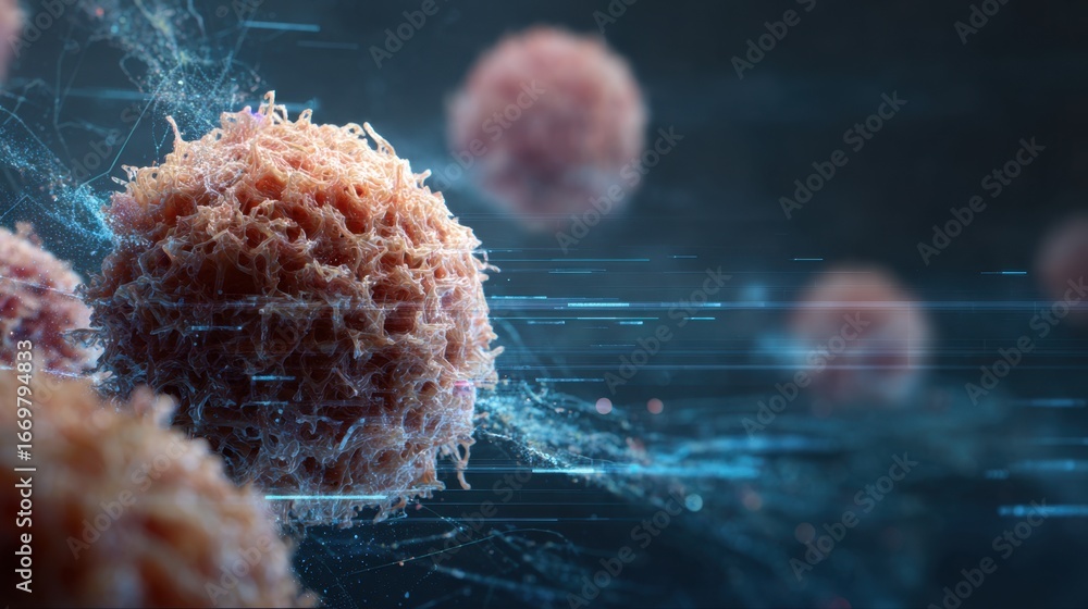 Poster a detailed digital representation of cells in a dynamic environment, illustrating cellular structure