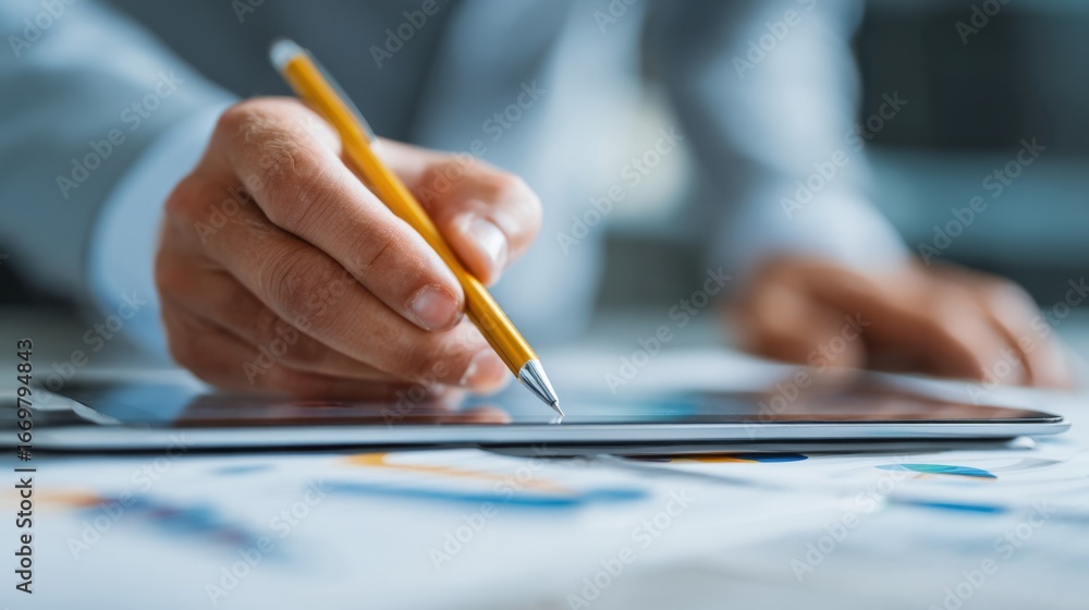 Poster a close-up of a hand writing on a tablet, with printed charts and documents in the background, symbo