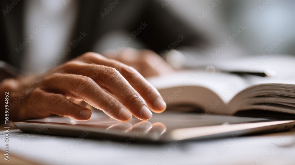 Poster a close-up of a hand using a tablet, with a book and pen in the background, suggesting a modern appr