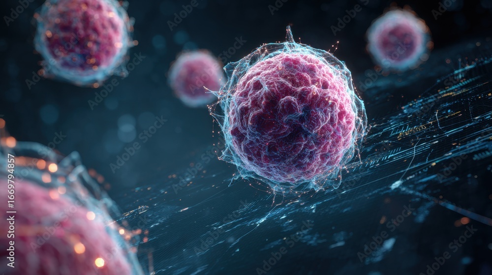 Poster a digitally rendered image of colorful, spherical cells against a dark background, depicting a micro