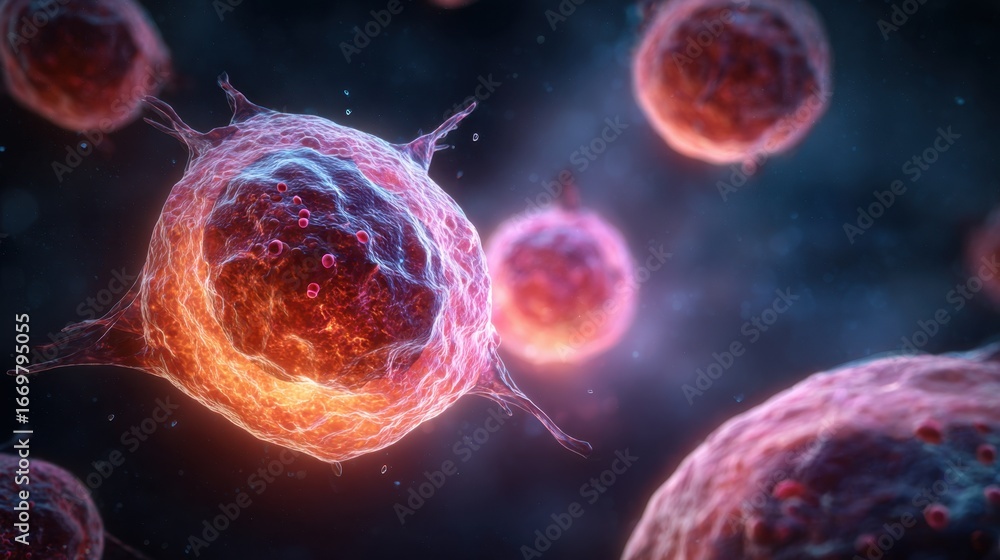 Poster a vibrant, close-up image of cells, showcasing their intricate structures and colors, representing b