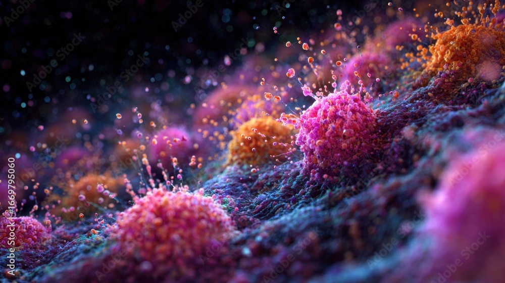 Poster a stunning microscopic view of colorful viral structures surrounded by dynamic particles, showcasing