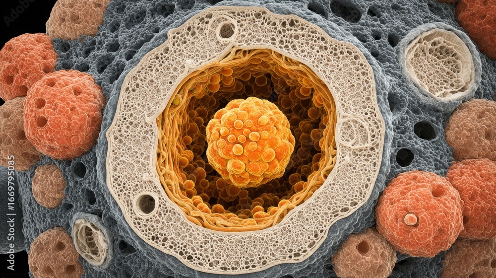 Poster a detailed microscopic image showcasing cellular structures, including a central nucleus surrounded 