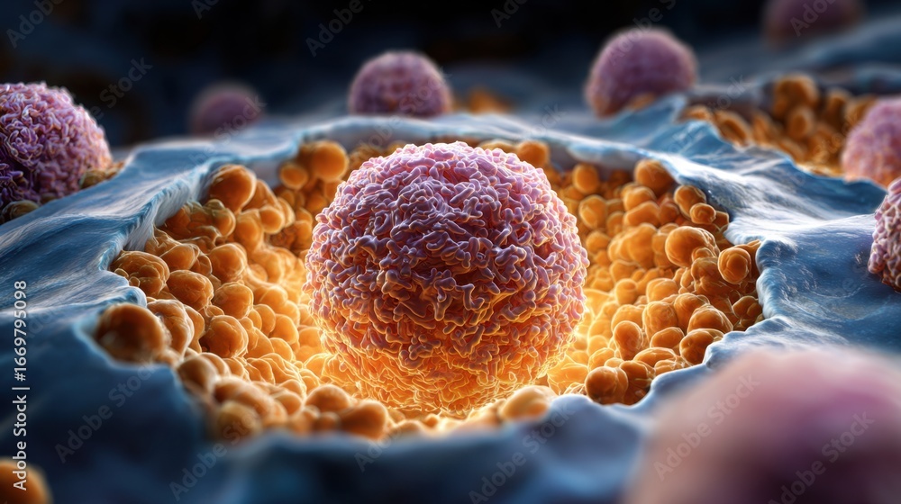 Poster an intricate, close-up view of cells, highlighting a prominent spherical cell surrounded by smaller 
