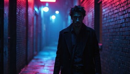 Man walks down dark urban alleyway at night, illuminated by neon lights. Brick walls flank narrow street, creating moody, atmospheric, mysterious filmic scene. Intense gaze, stylish coat suggest
