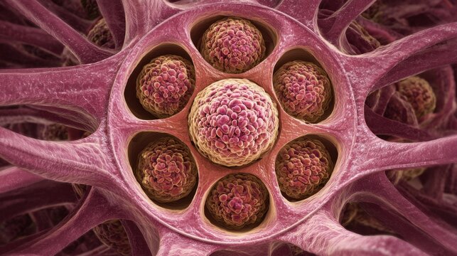 A detailed, close-up view of cellular structures, showcasing vibrant colors and intricate patterns, reminiscent of biological processes within a living organism.