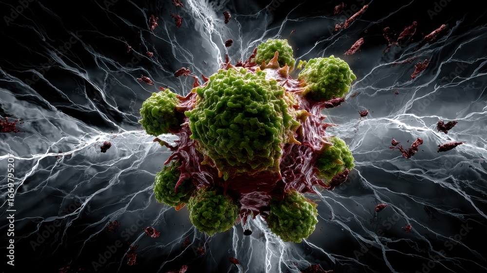 Poster a detailed illustration of a virus displaying its structure, surrounded by dynamic energy patterns, 