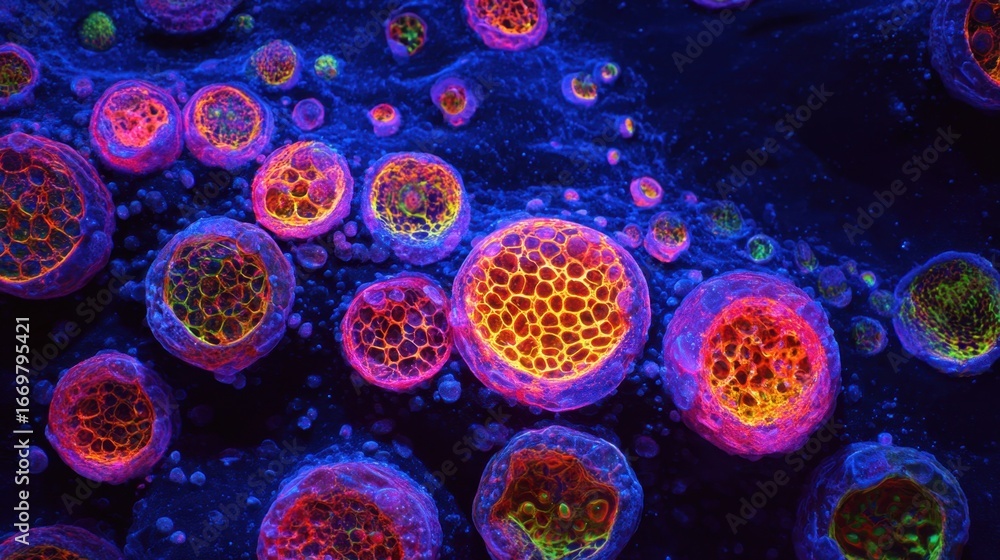 Poster a vibrant microscopic view of colorful cells, showcasing intricate structures and patterns against a